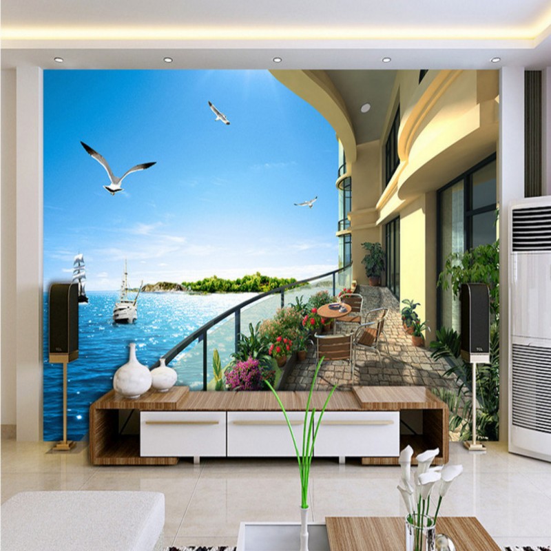 3D ڴ ٴٺ ű   ǳ Ž ħ 繫   ȭ /3D balcony sea view Seagull room wallpaper landscape living room bedroom office backdrop mural wallpa